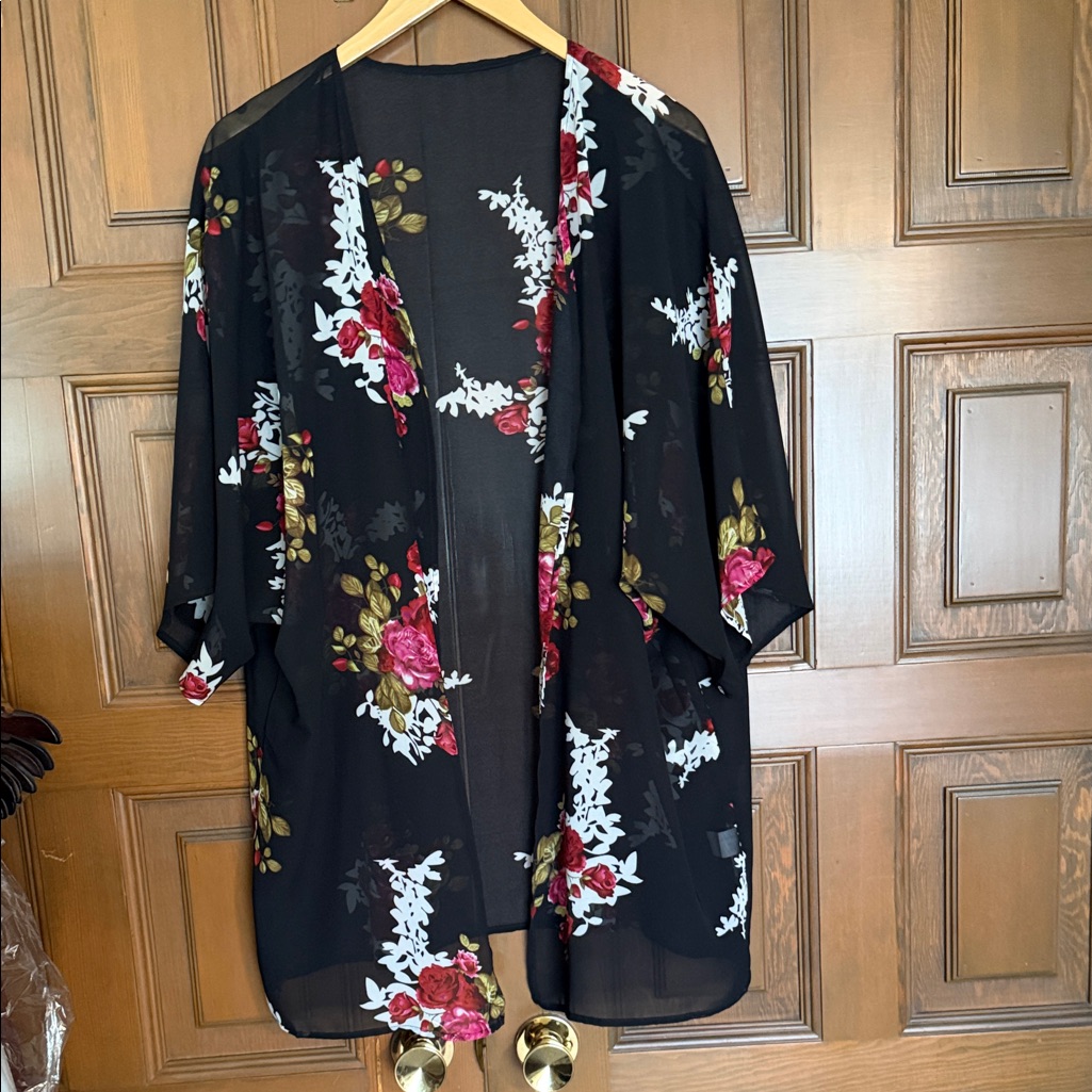 Black Floral Sheer Kimono Cover-Up